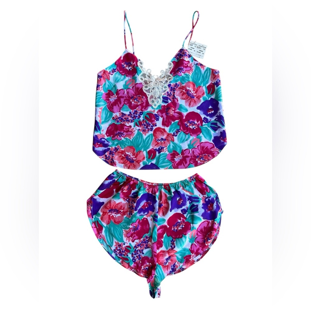 NWT Vintage 80s 90s NORDSTROM Floral Satin Camisole & Shorts Set Hong Kong Sz S